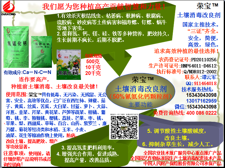 荣宝（氰氨化钙）颗粒杀菌剂，土壤消毒、缓释氮钙营养、肥料增效、土壤改良四效合一，杀灭根结线虫，防治根肿病、根腐病、枯萎病、流胶病、莲藕腐败病等土传病害，杀灭福寿螺、钉螺等地下害虫，解决连作障碍